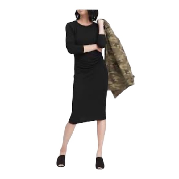 Banana Republic Jersey Black Long Sleeve Side Ruched Midi Dress, size S - Picture 1 of 8